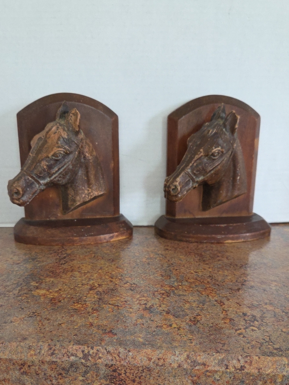 Vintage Carved Wood Horse Head Bookends Pair Equestrian Rustic Decor